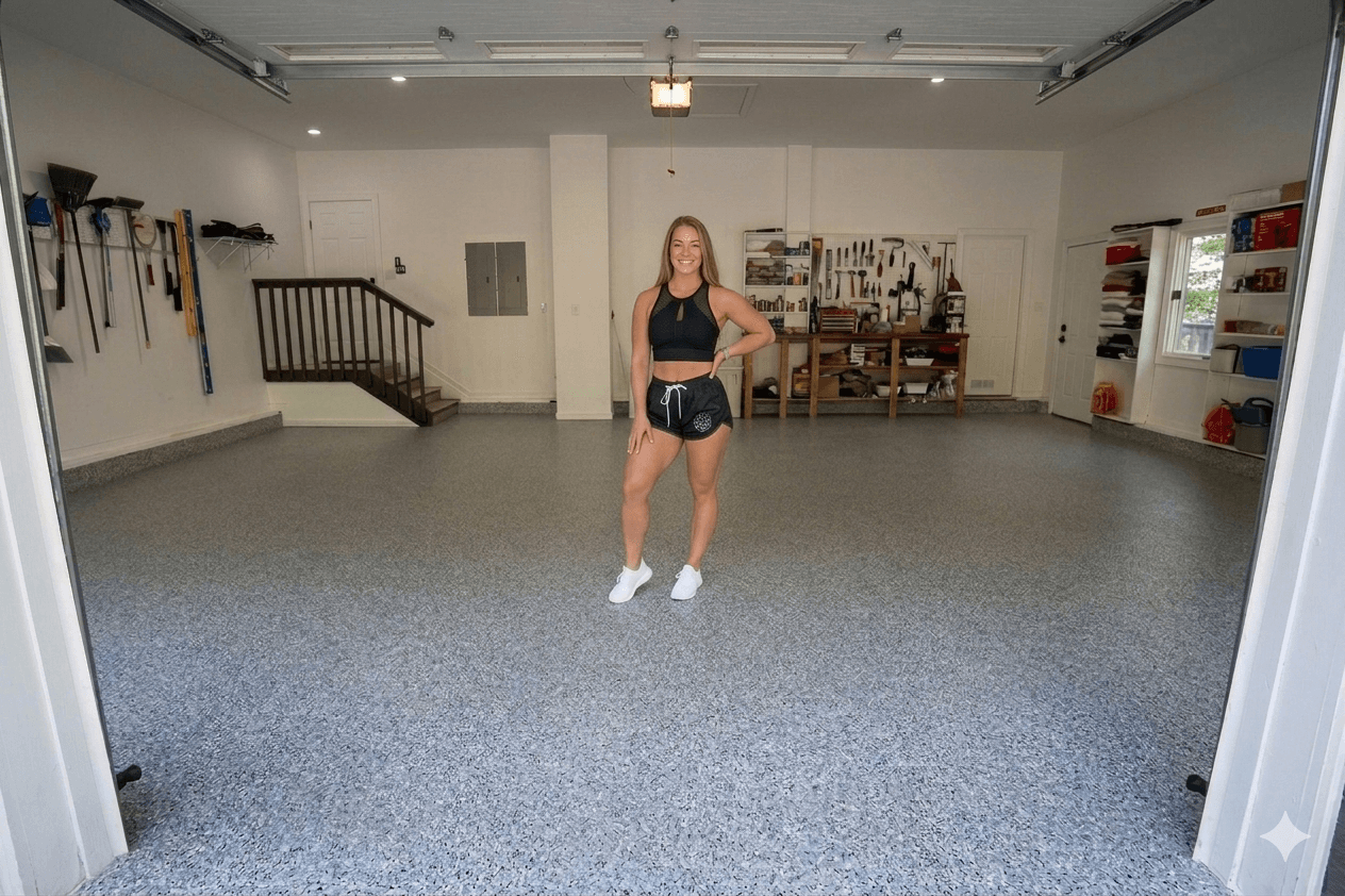 Finished polyaspartic flake garage floor coating in a Frisco, TX home
